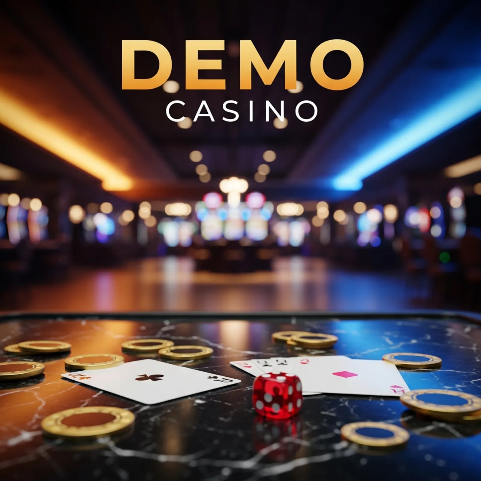 Luxurious dark casino floor with gold chips, playing cards, red dice, and 3D metallic gold Demo Casino logo